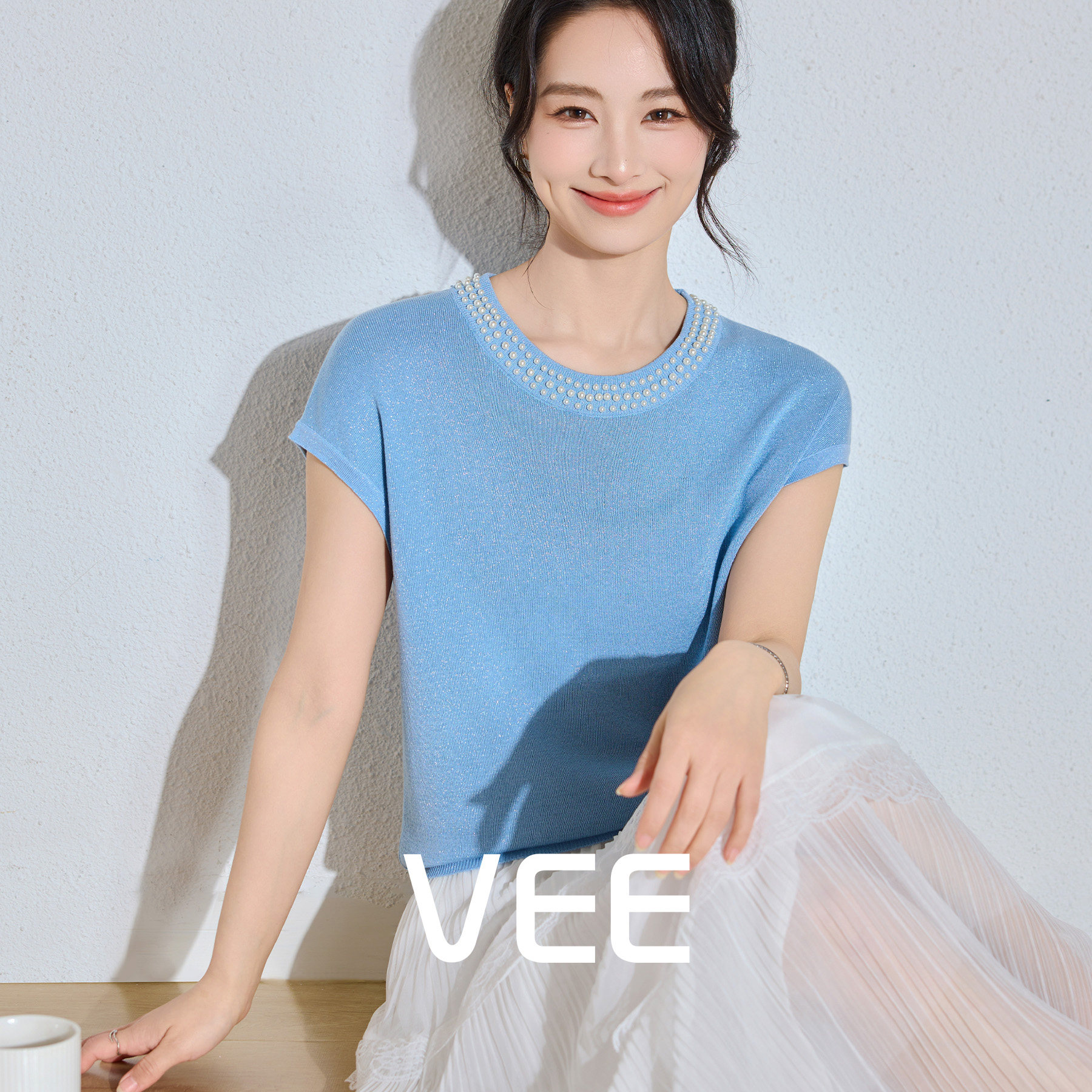 VEE【珍珠夫人】珍珠圆领减龄针织背心女夏外穿通勤宽松百搭上衣