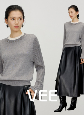 VEE【宫廷毛衣】重工钉珠订钻灯笼袖羊毛混纺假两件套头针织衫女