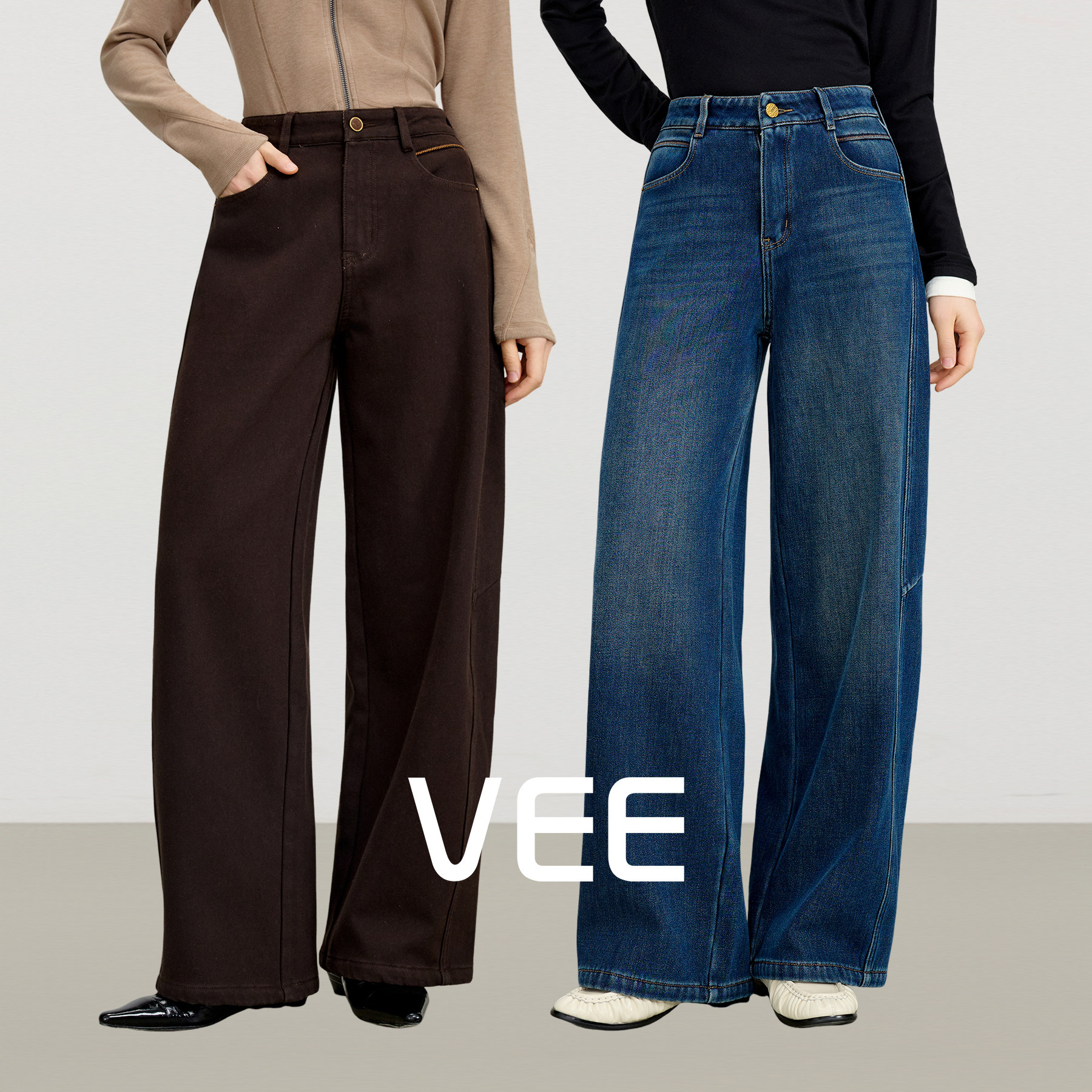 复古人字纹加绒阔腿牛仔裤女