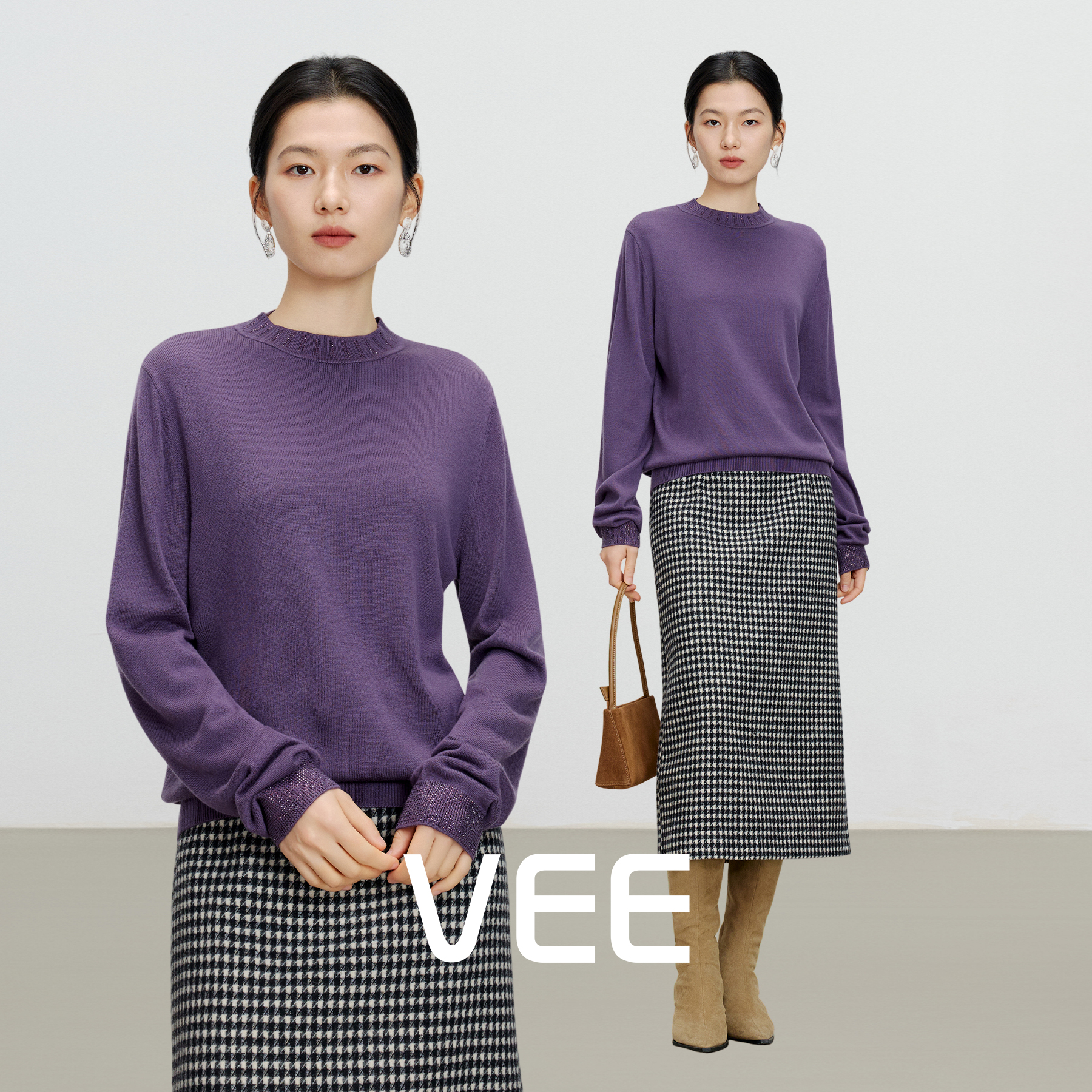 VEE【银河旷野】绵羊毛桑蚕丝混纺针织衫女圆领打底内搭毛衣上衣