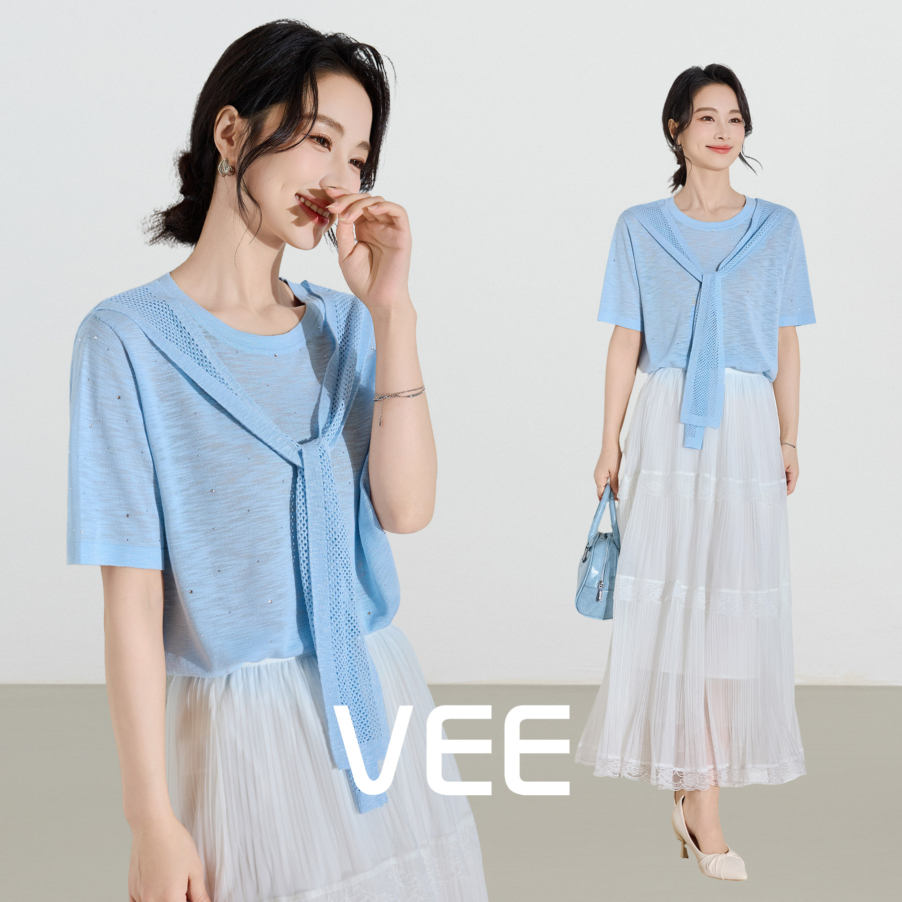 VEE【假日计划】假两件披肩短袖t恤女夏2026新款减龄圆领针织上衣