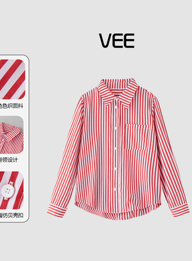 VEE【幸运时光】春秋装新款翻领经典红色条纹衬衫衬衣上衣外搭女