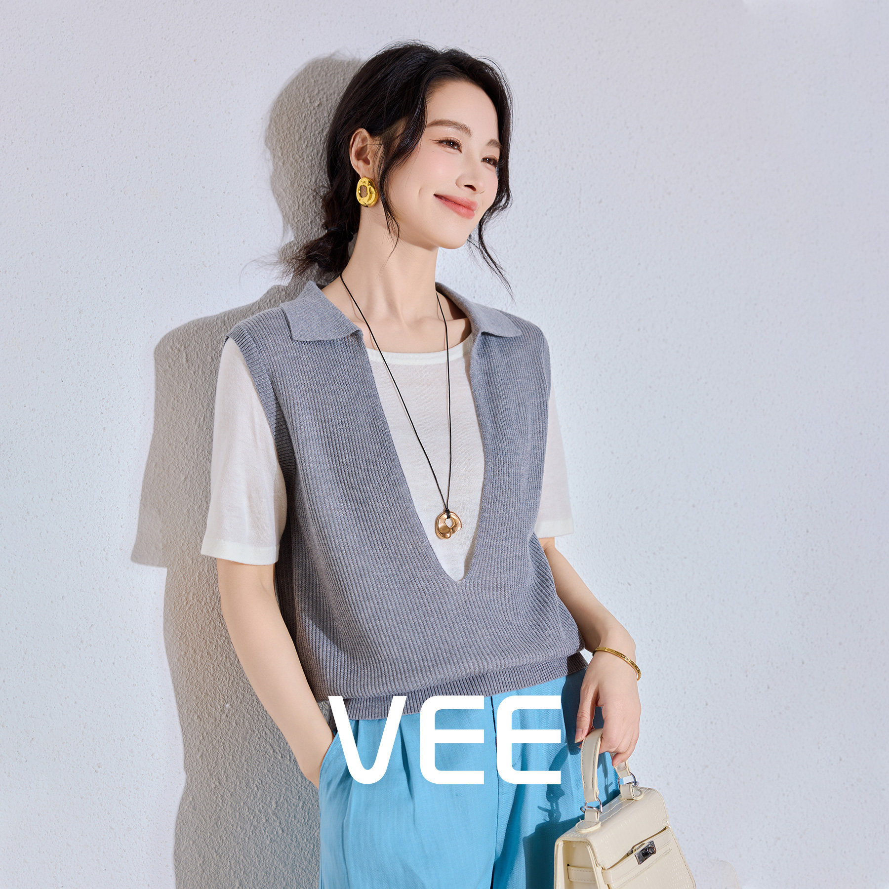 VEE【画家】假两件撞色针织短袖t恤女2026夏季新款气质减龄上衣女