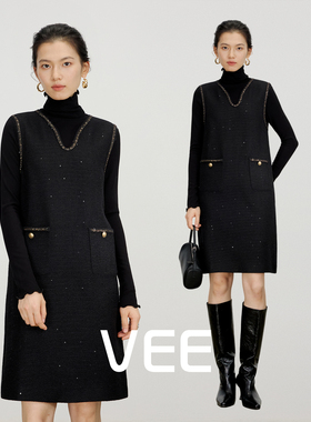 VEE【巴黎之梦】2025新款黑色连衣裙轻奢小众小香风V领无袖裙子女