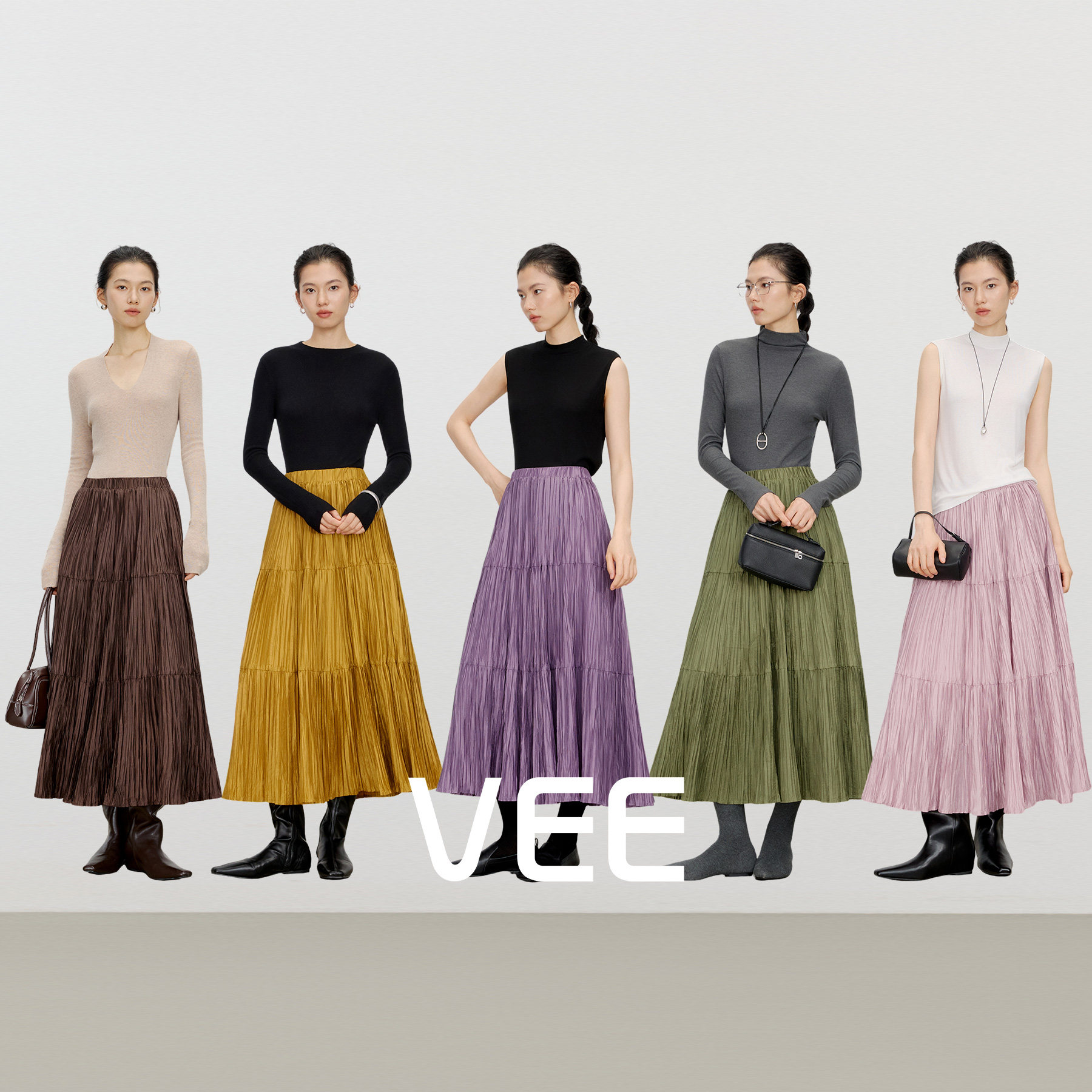 VEE【细褶裙】a字半身裙女2025新款弹力松紧腰百褶蛋糕裙长裙裙子