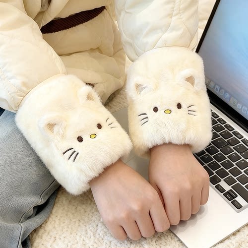 秋冬毛绒猫咪防污袖套女保暖套袖