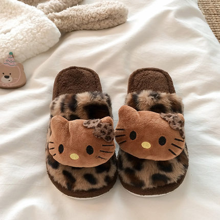 豹纹hellokitty猫居家棉拖鞋女秋冬季防滑高级感可爱辣妹毛毛拖鞋