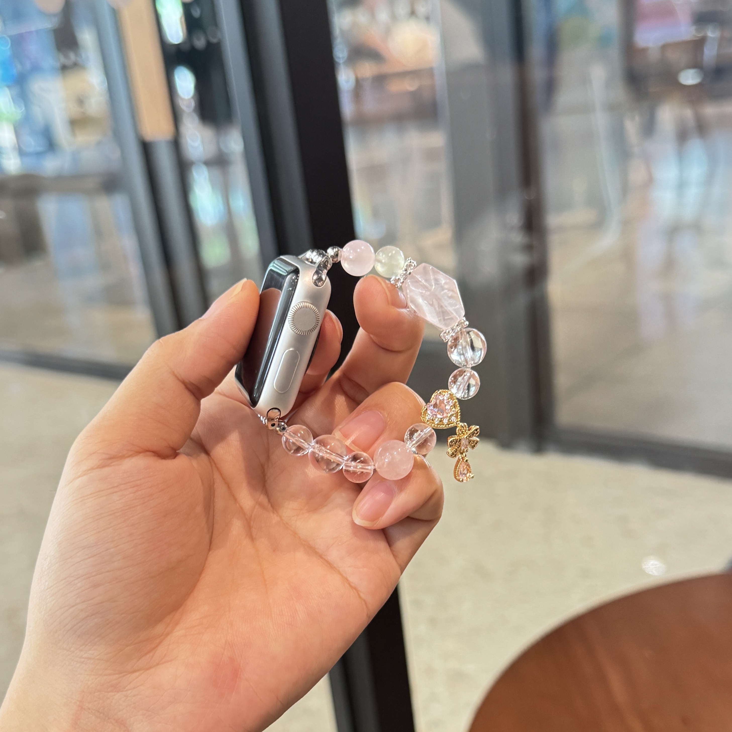 公主粉天然水晶串珠表带适用ApplewatchS11苹果高级watchs10表带9