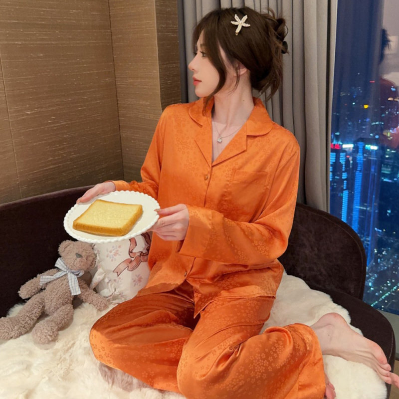 源头厂货2024夏季新款睡衣女冰丝一件代发抖音橙色提花家居服套装