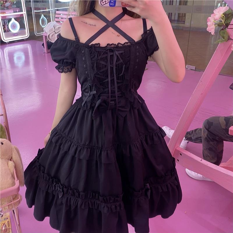 夏日茶会lolita连衣裙黑色泡泡袖萝莉洛丽塔裙子白色奶黄色网红款