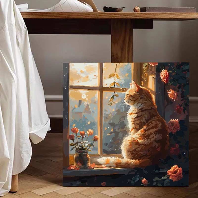 可爱窗台猫咪橘猫装饰画成品仿油画写实花卉温馨治愈卧室客厅挂画图片