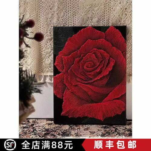简约现代红玫瑰花卉装饰画小众艺术高级感北欧仿油画卧室客厅挂画