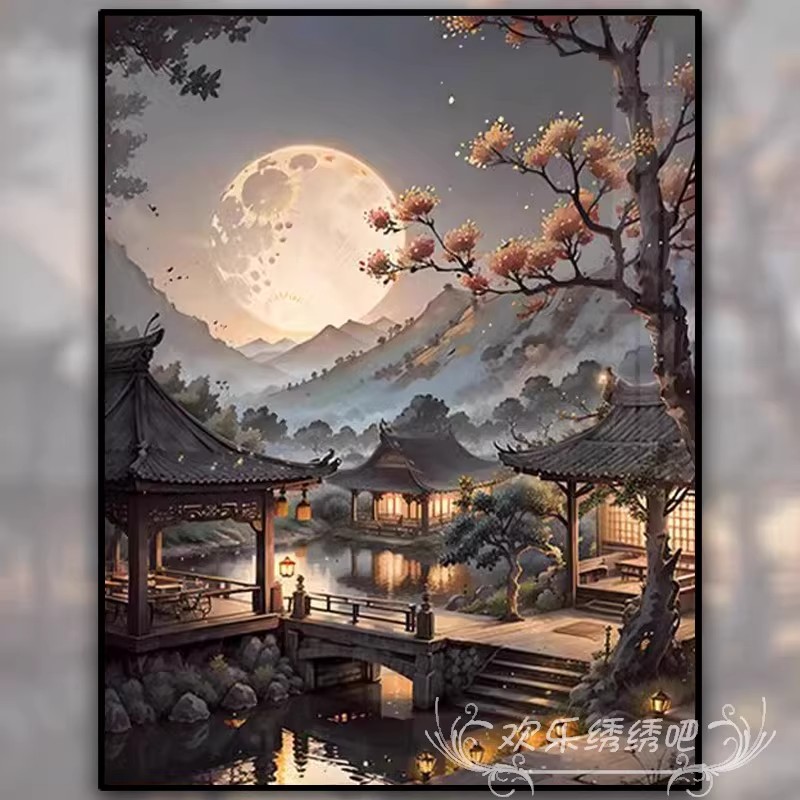 中式古风月夜小众装饰画成品仿油画风景唯美高级感卧室客厅摆挂画