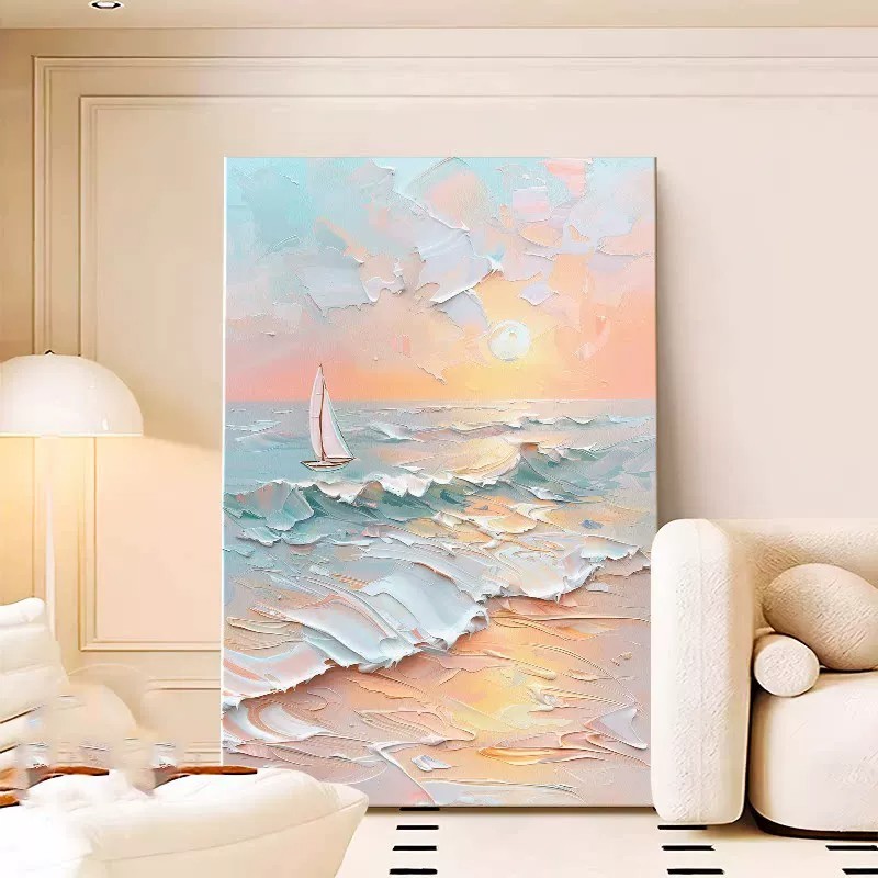 简约奶油风大海装饰画仿油画风景唯美治愈小众高级卧室客厅摆挂画