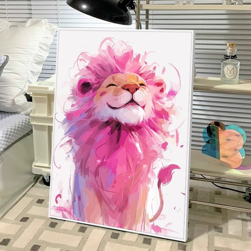 可爱粉色狮子老虎装饰画仿水彩风治愈小众高级卧室客厅成品摆挂画