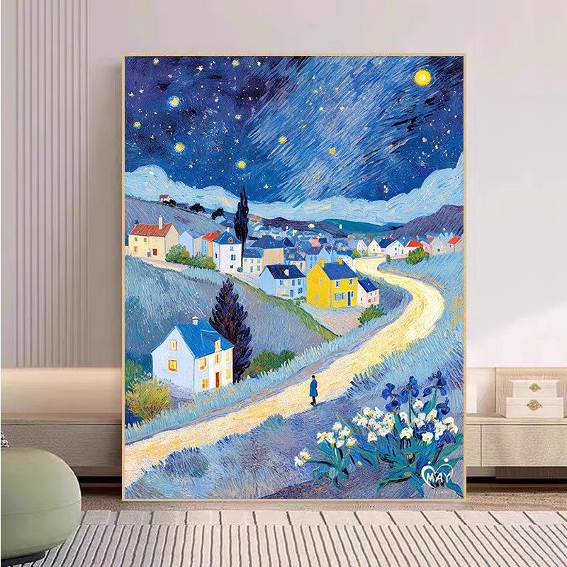 梵高星空小镇装饰画成品仿油画风景梦幻唯美治愈系卧室客厅摆挂画