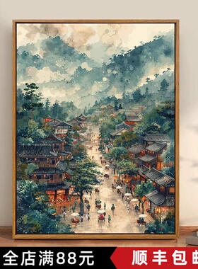 国风清明上河图装饰画成品仿油画山水墨风景中式美学卧室客厅挂画