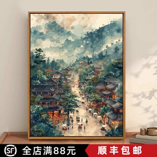 国风清明上河图装饰画成品仿油画山水墨风景中式美学卧室客厅挂画