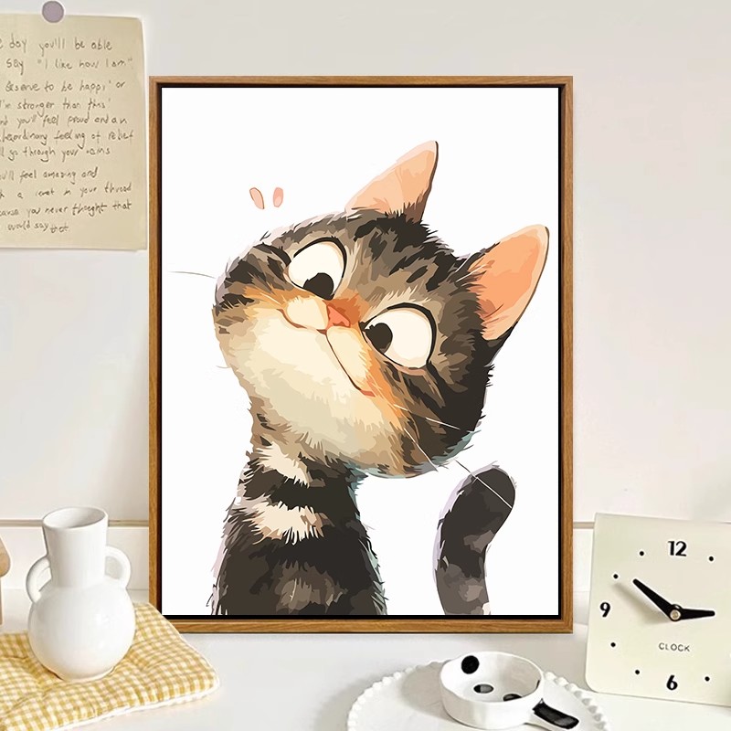 可爱搞怪猫咪装饰画儿童卡通艺术仿油画风小猫成品卧室客厅摆挂画
