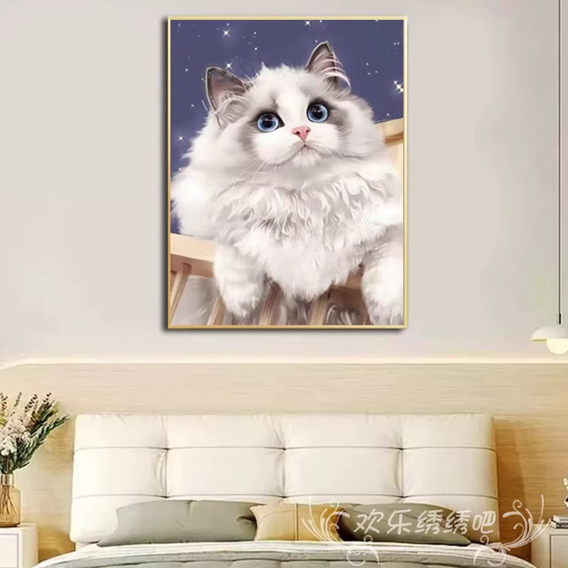 可爱布偶白猫咪萌宠装饰画成品仿油画风景温馨治愈卧室客厅摆挂画