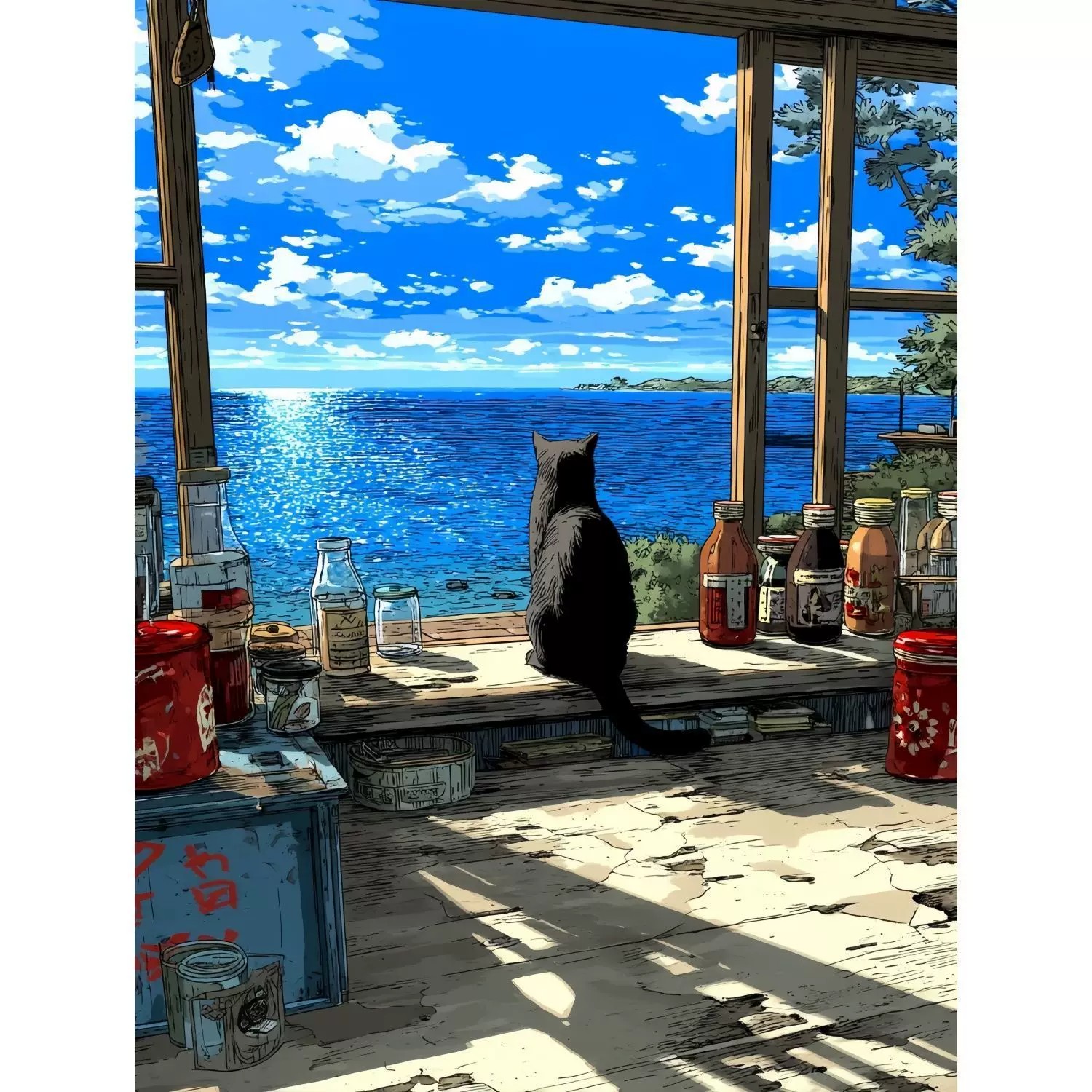 动漫风景猫咪大海装饰画仿油画卡通宫崎骏唯美清新卧室客厅摆挂画