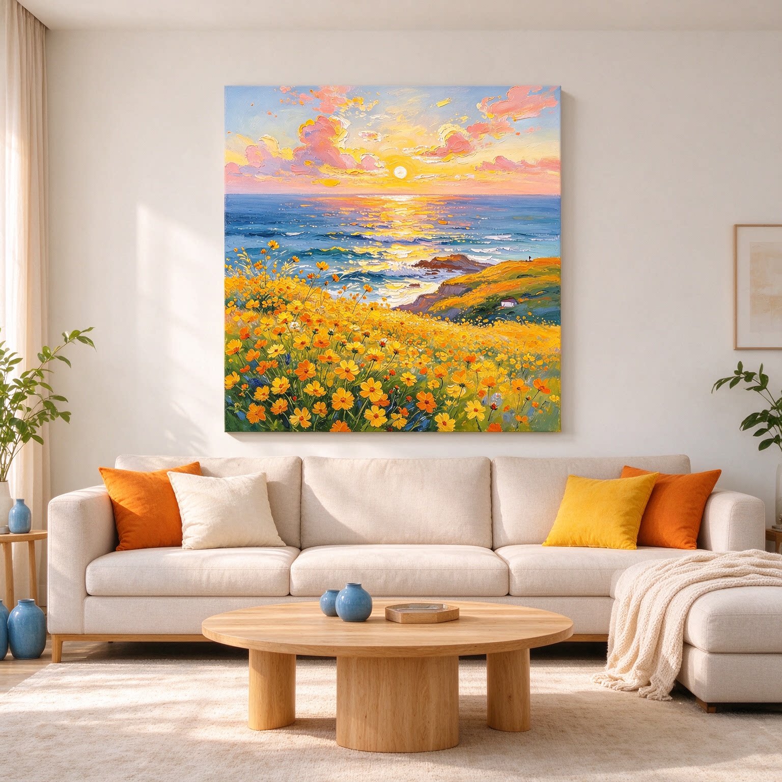 海边花海装饰画唯美清新治愈方形仿油画风景高级感卧室客厅摆挂画