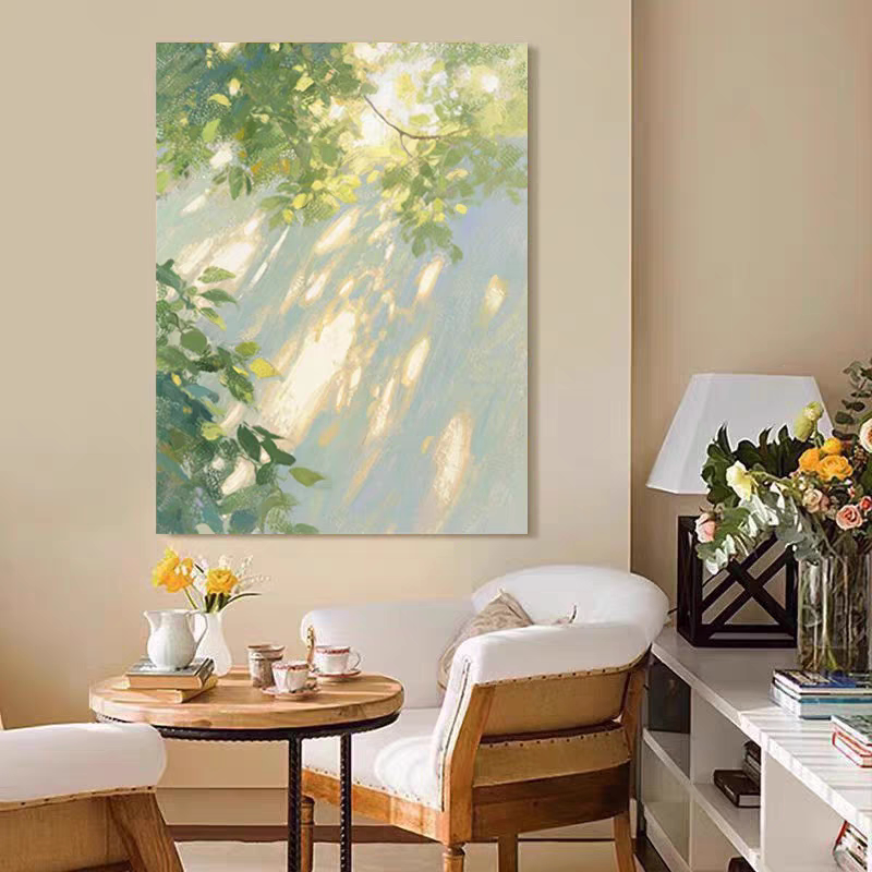 光影绿植装饰画仿油画风景清新横版高级感唯美卧室客厅玄关摆挂画
