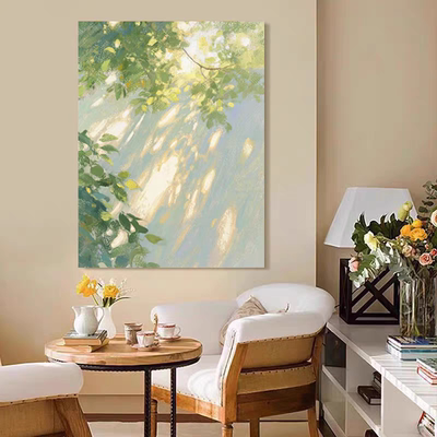 光影绿植装饰画仿油画风景清新横版高级感唯美卧室客厅玄关摆挂画
