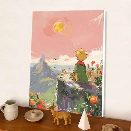 小王子日落夜空装饰画成品仿油画卡通风景唯美治愈卧室客厅摆挂画