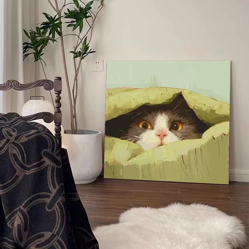 可爱猫咪成品装饰画仿油画水彩风小众方形高级设计感卧室客厅挂画图片