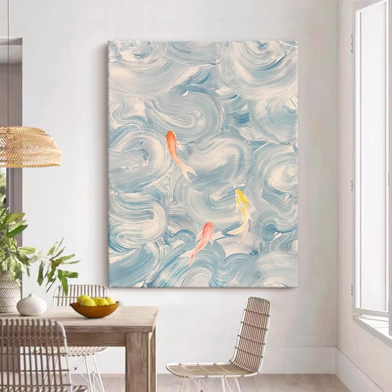 成品仿油画好运锦鲤装饰画现代简约意境高级玄关卧室客厅鲤鱼挂画