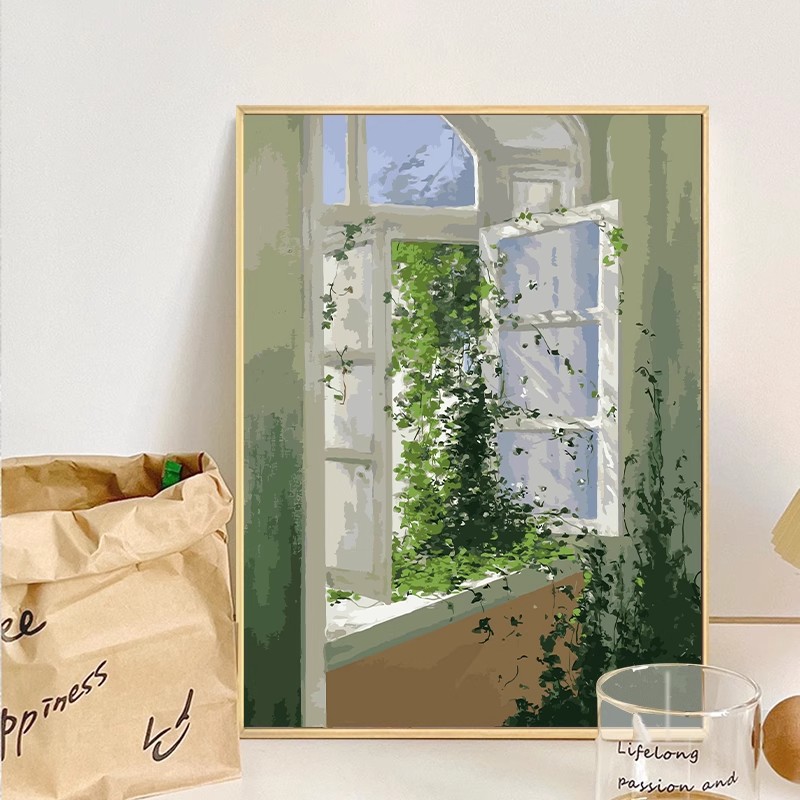 窗户花卉田园成品仿油画风景唯美治愈高级感仿水彩卧室客厅摆挂画图片