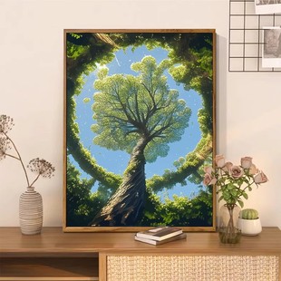 成品装饰画仿油画风景绿色树木森林别有洞天小清新卧室客厅摆挂画