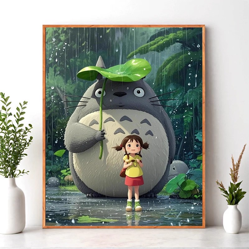 暮色治愈龙猫装饰画仿油画风景可爱卡通宫崎骏儿童卧室清新摆挂画