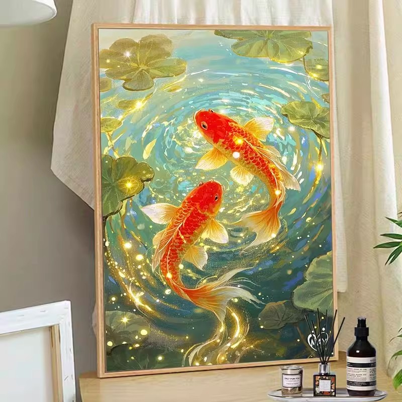 荷花锦鲤装饰画双鱼图好运卧室客厅镇宅鲤鱼仿油画水彩成品挂摆画图片