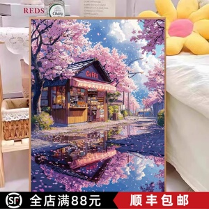 高颜值樱花小店日系装饰画成品仿油画风景唯美清新卧室客厅摆挂画