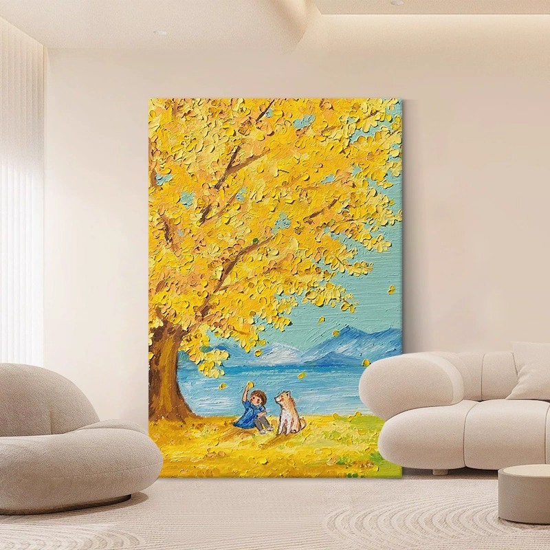 金黄色银杏树装饰画成品仿油画秋天风景唯美治愈卧室客厅玄关挂画图片