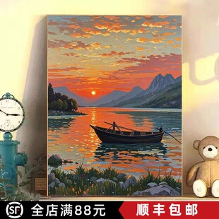 新中式卡通装饰画江河船只成品仿油画唯美治愈梦幻卧室客厅摆挂画