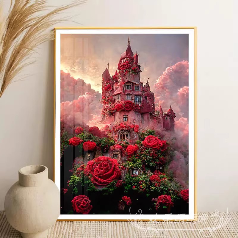 玫瑰城堡花卉梦幻装饰画成品仿油画风景高级感童话卧室客厅摆挂画图片