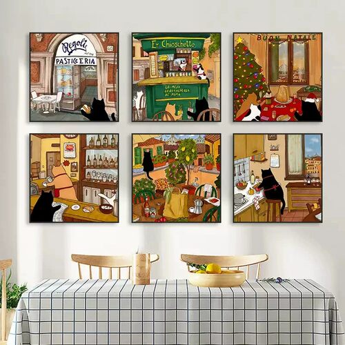 卡通猫咪装饰画方形创意小众艺术治愈系西餐咖啡厅厨房餐厅摆挂画