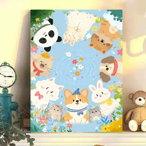 多巴胺萌宠小狗猫咪装饰画ins温馨治愈可爱卡通儿童卧室客厅挂画
