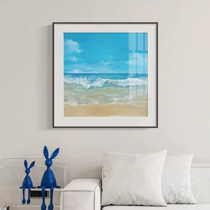 蓝色大海装饰画简约方形小清新风景唯美小众高级感卧室客厅摆挂画