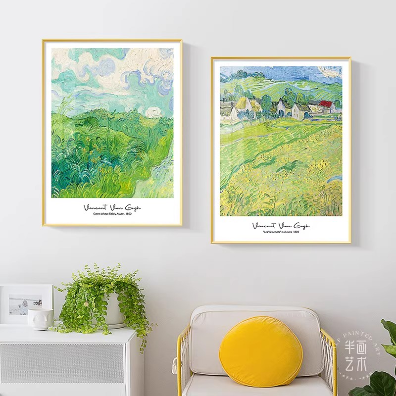 梵高绿色麦田风景油画客厅卧室小清新原木风餐厅装饰画高级挂摆画图片