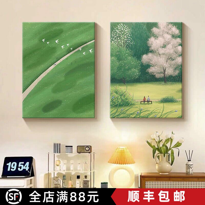 ins风绿色清新装饰画成品仿油画风景唯美治愈小众卧室客厅摆挂画