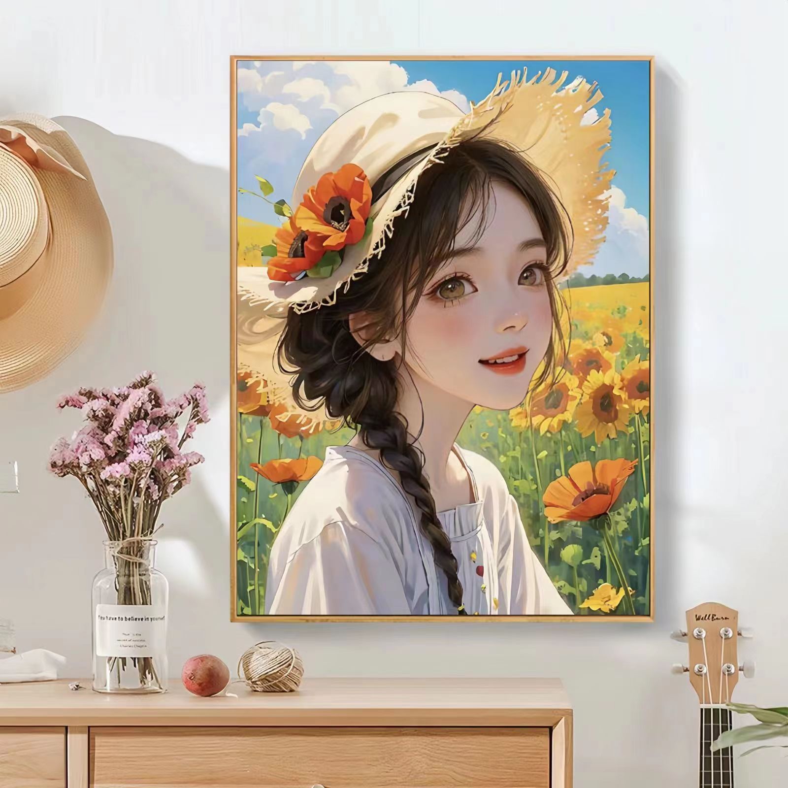 花田少女人物装饰画卡通写实小清新可爱卧室背景成品喷印风景挂画图片