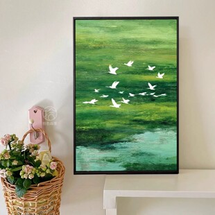 治愈系绿色田野装 饰画成品仿油风景清新治愈高级感卧室客厅摆挂画