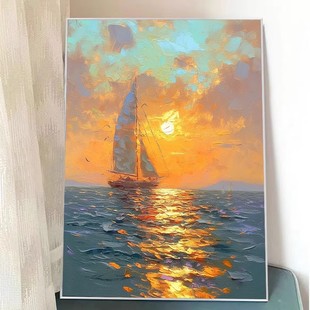 大海落日帆船成品装饰画仿油画风景唯美治愈高级感卧室客厅摆挂画