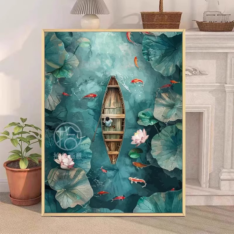 夏日荷花锦鲤装饰画成品仿油画风景写实唯美治愈卧室客厅高级挂画图片