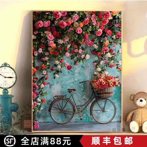 蔷薇花卉装饰画仿油画风景成品复古艺术小众氛围感卧室客厅摆挂画