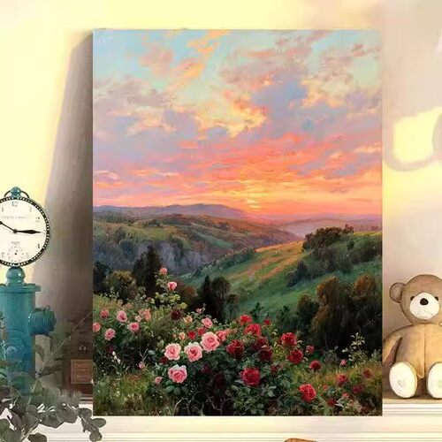 黄昏美景装饰画成品仿油画风景唯美猫咪花卉治愈系卧室客厅摆挂画